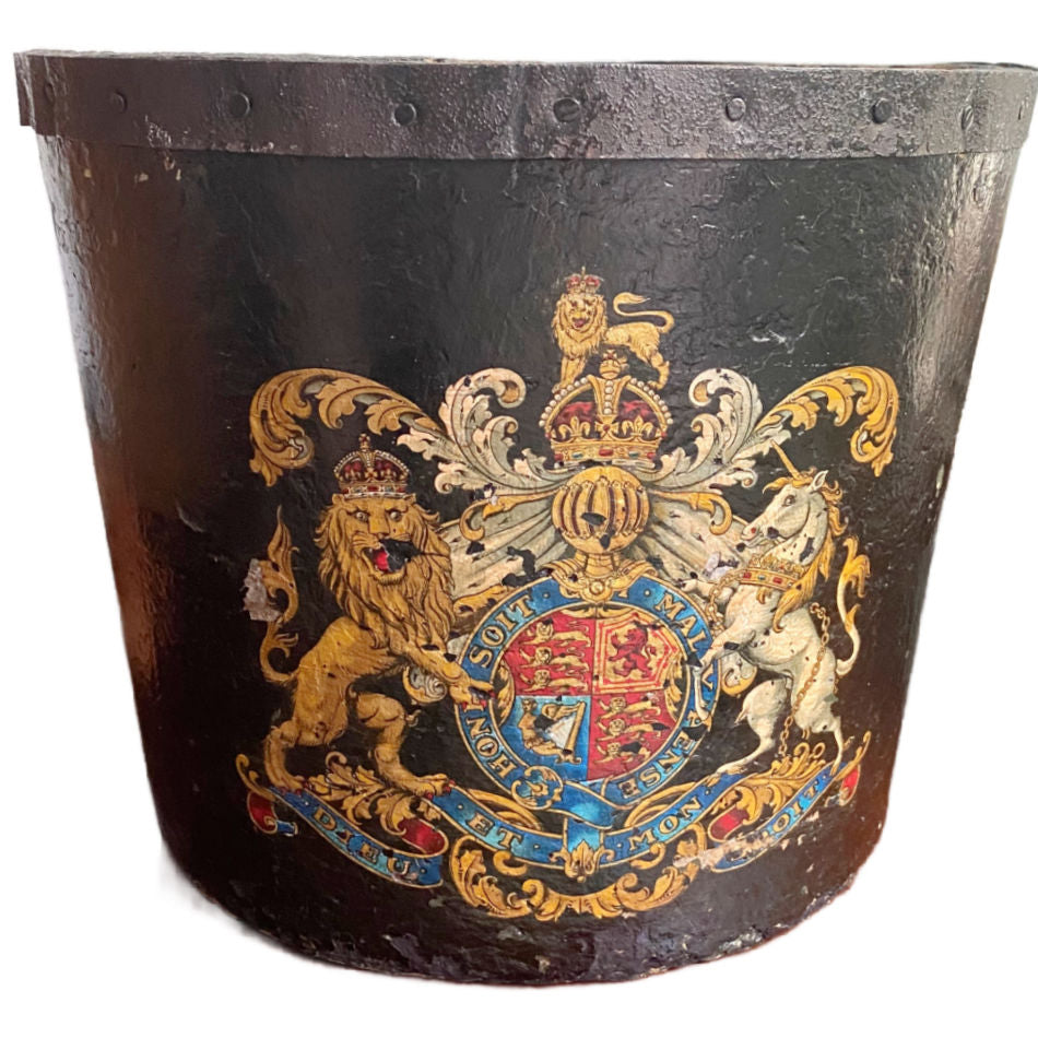 Antique English royal water bucket in black with coat of arms