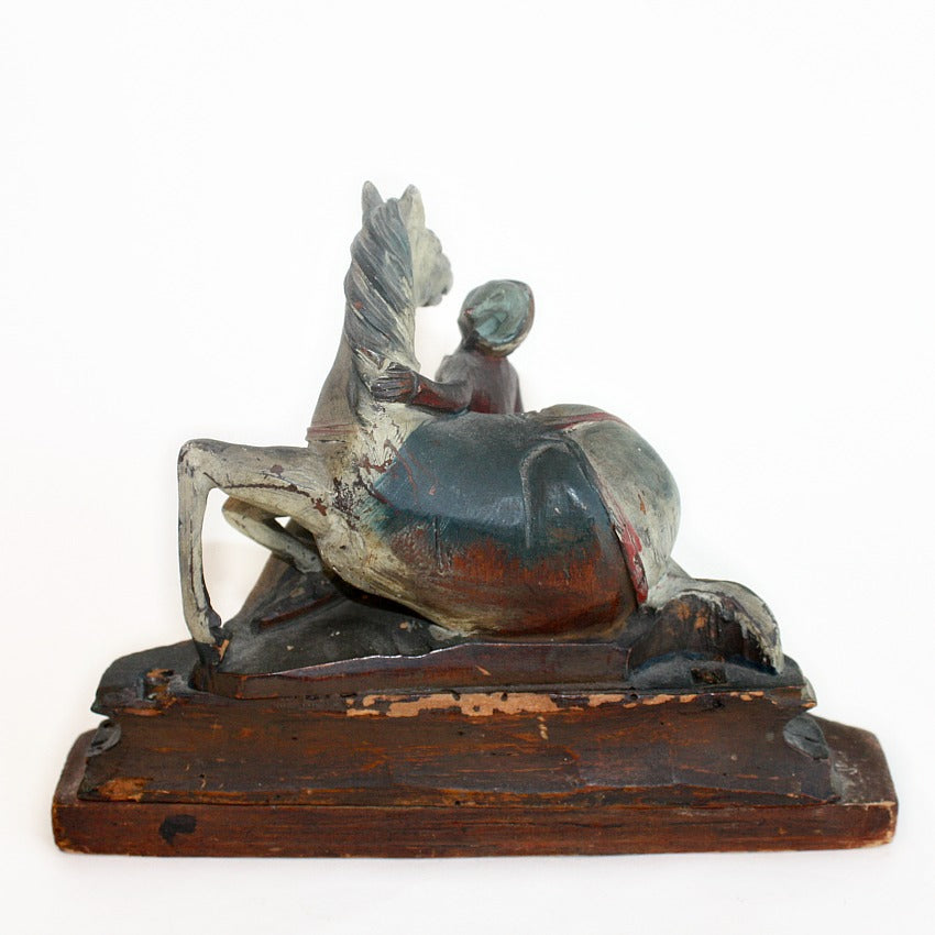 Back view antique hand carved wood horse and rider sculpture with flat back and original painted surface
