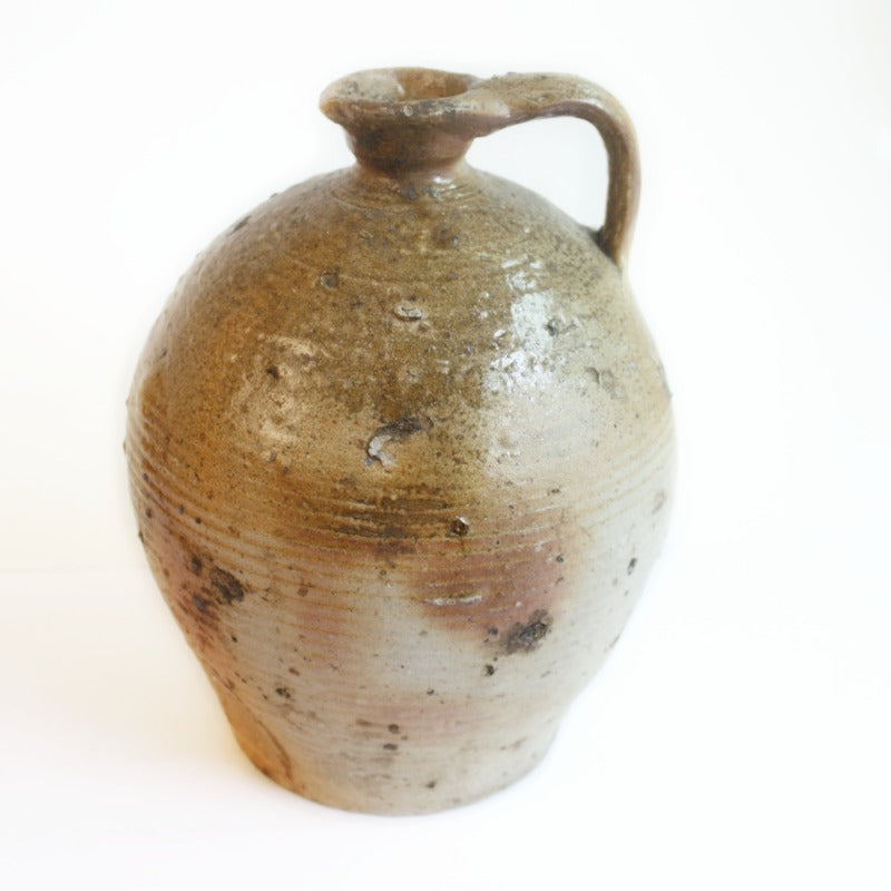19th C French Hand-Thrown Walnut Oil Jar, Rustic Glazed Stoneware