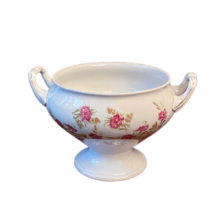 A 19th Century French Bridal Pink Floral Tureen with white porcelain body, featuring a bouquet of pink flowers on the sides, two handles, and a pedestal base.