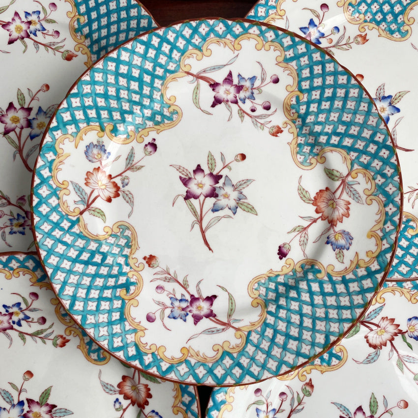 19th Century French Hand Enameled Turquoise and Floral Plates Set of 6