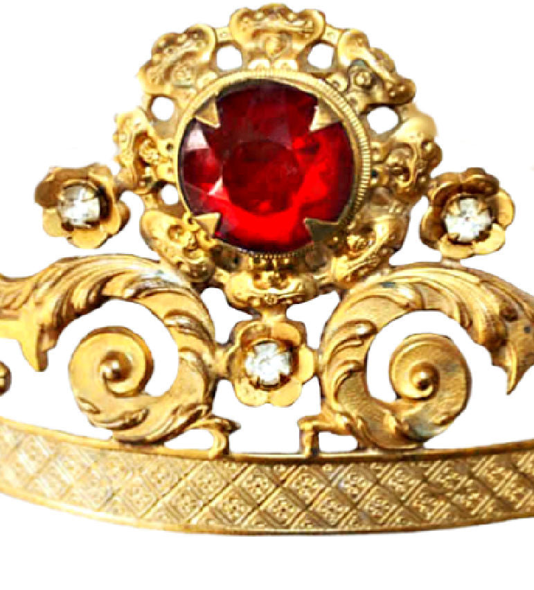 Antique French Victorian Gold Religious Santos Crown Madonna jewelled Tiara with red large jewel in floral setting