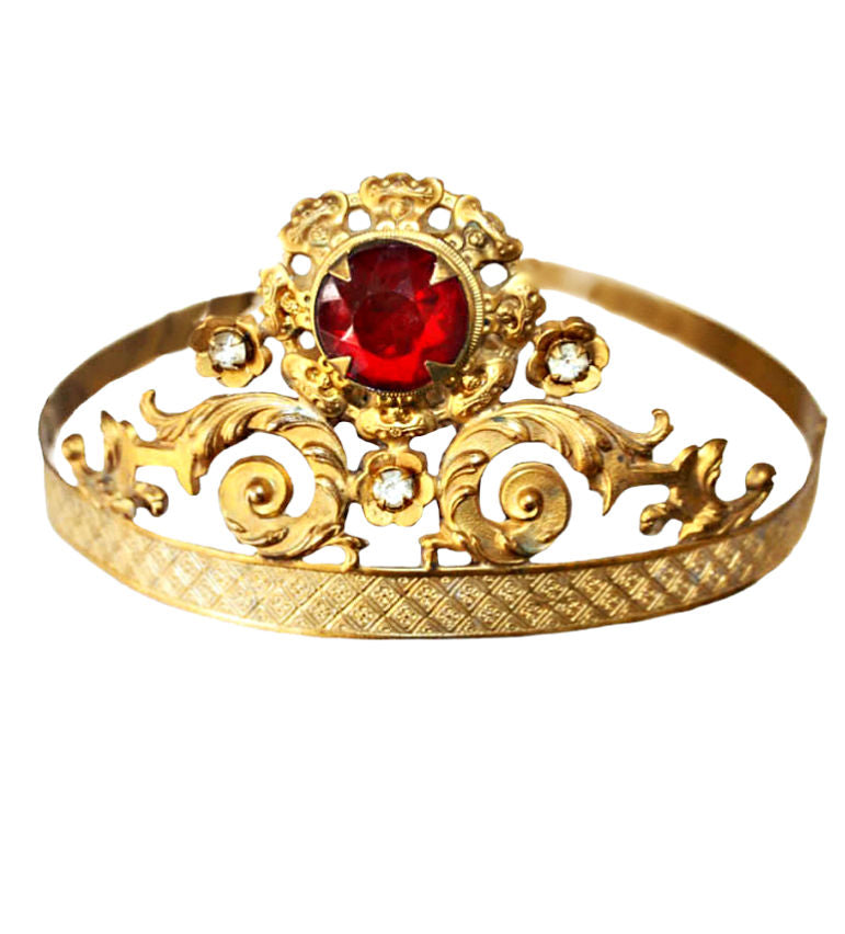 Large church-scale religious tiara, adjustable band, exquisite ecclesiastical history, large red jewel