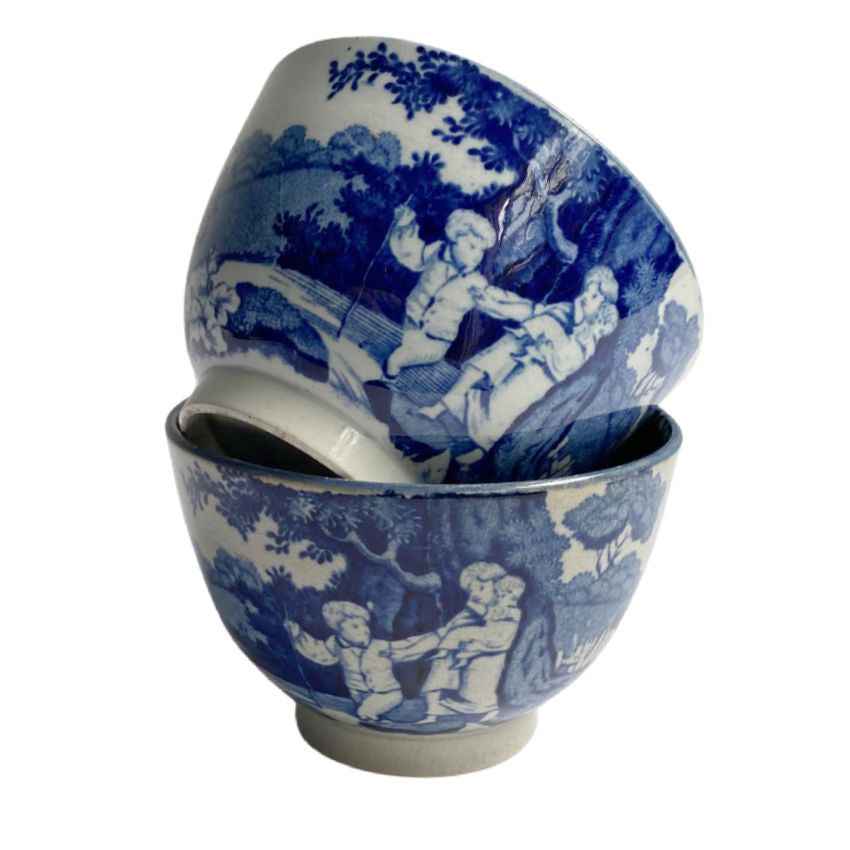 19th Century Regency Blue and White Transferware Pearlware Tea Bowl Mother and Children Playing