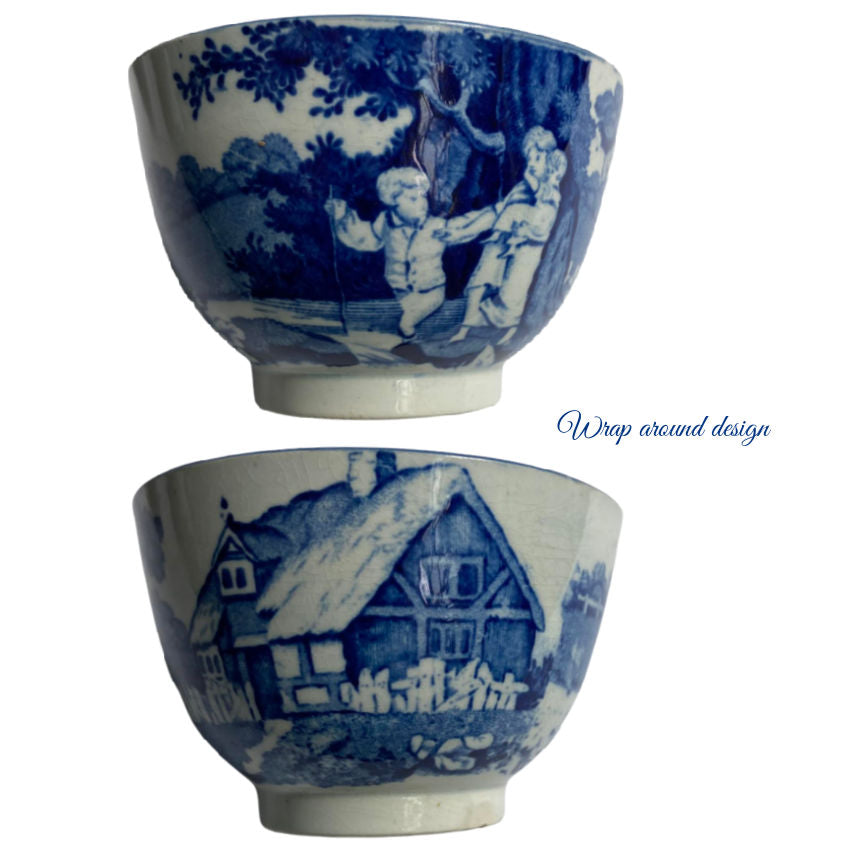 19th Century Regency Blue and White Transferware Pearlware Tea Bowl Mother and Children Playing