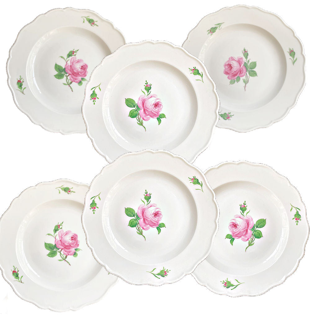 Set of six 1930s Meissen porcelain dinner plates with hand-painted pink roses. Elegant European floral china for refined tables.