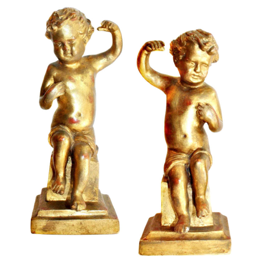 Antique Italian Florentine Gilt Wood Cherubs or Putti on Pedestal Bases, Baroque Style Pair