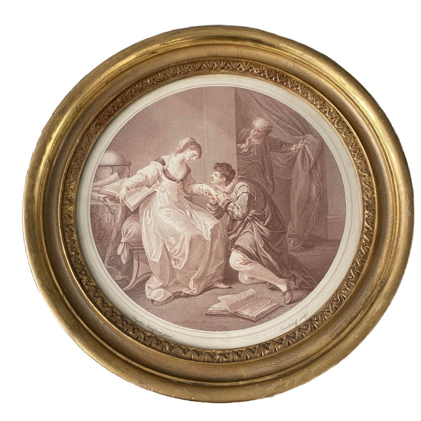A late 18th century Angelica Kauffman stipple engraving, depicting a scene with two women and a man in academic attire, framed in a 19th century gilded frame.