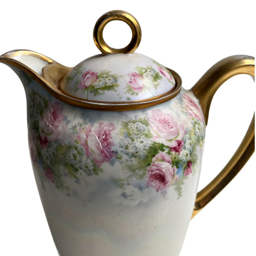 Antique Hand Painted Pink roses chocolate pot set