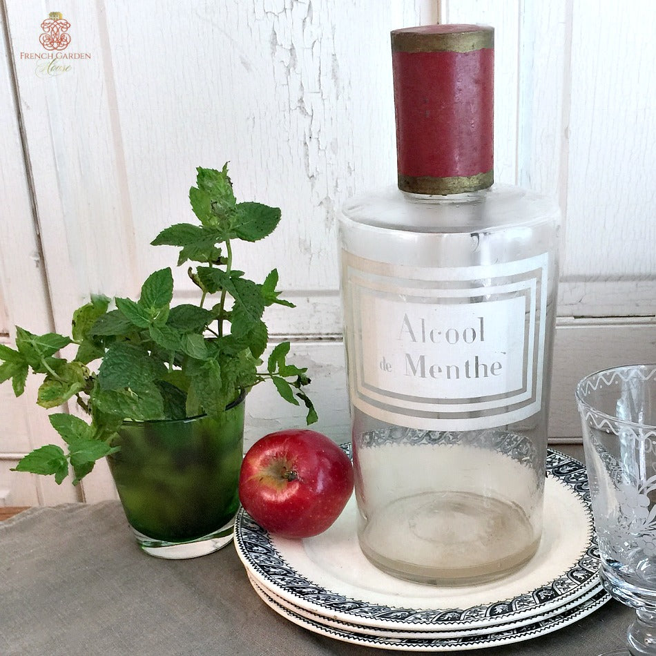 Antique French Apothecary Glass and Tole Bottle Menthe