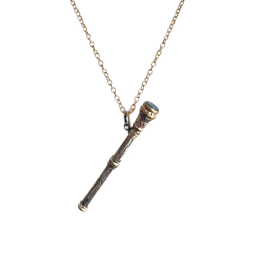 Antique gold-filled chatelaine pencil necklace with bloodstone end. A rare 19th-century writing accessory reimagined as jewelry.