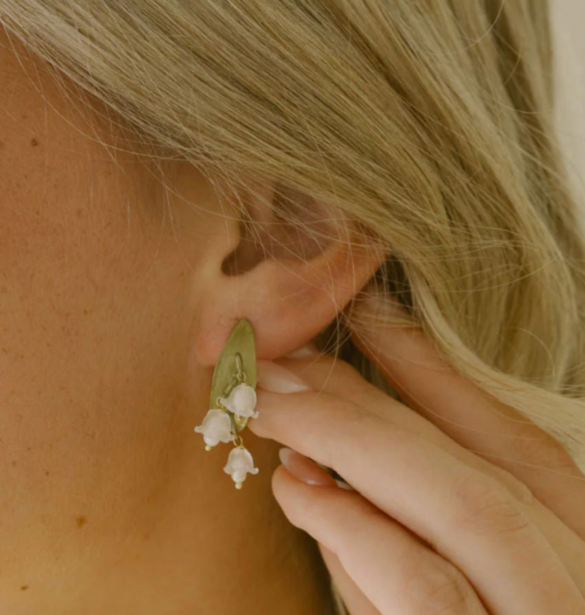 Antique-inspired bronze Lily of the Valley earrings with hand-cast white flowers and freshwater pearls on sterling posts