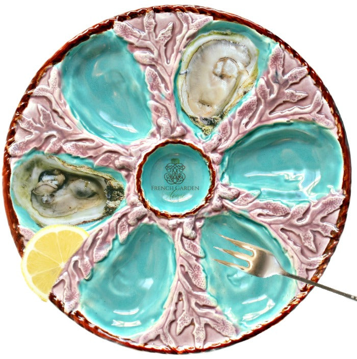 Rare Victorian majolica oyster plate with turquoise wells and lavender coral base