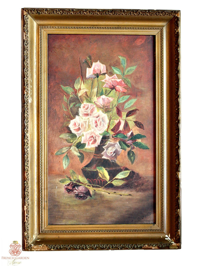 Stunning 19th Century Estate Oil Painting of a lush arrangement of Pink Roses, painted in the mid to late 1800's.