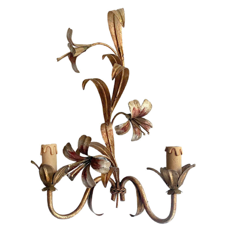 Pair Vintage Gilt Tole Floral Sconces