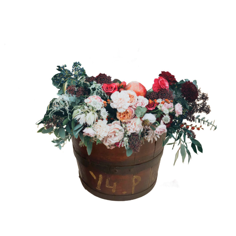 Antique metal-bound oak bucket with rich dark brown patina. Solid oak with iron bands, perfect for rustic decor, floral styling, or display.