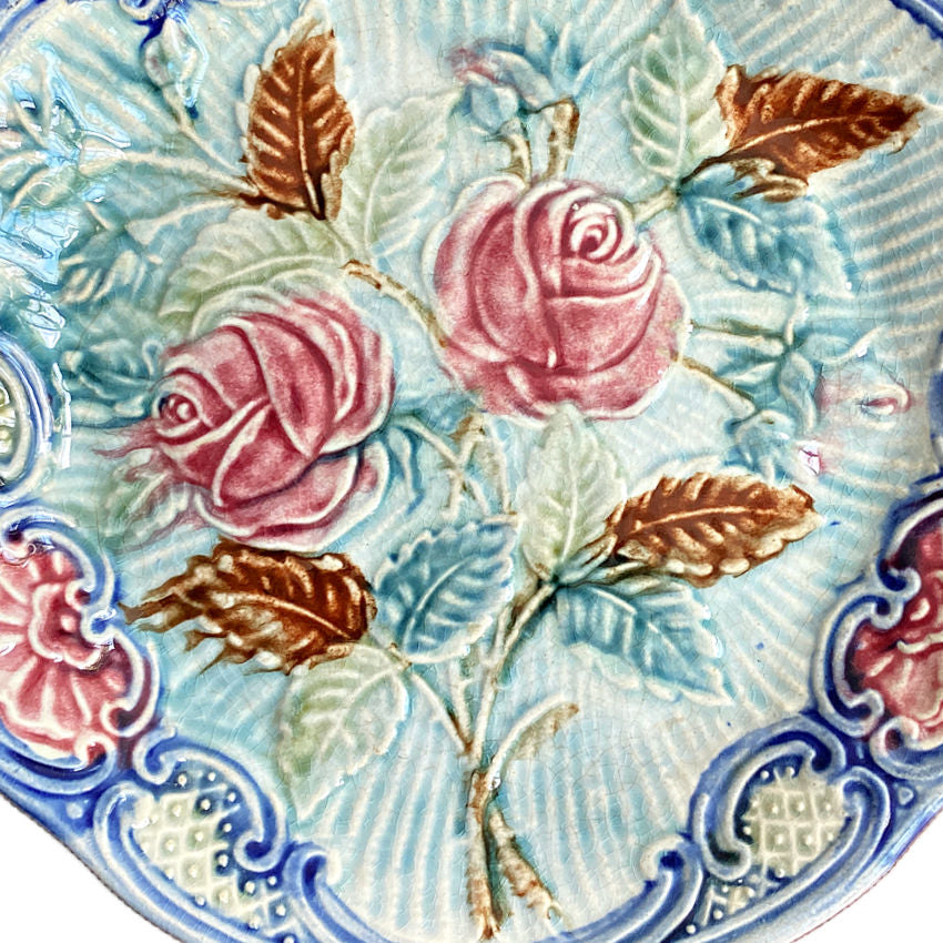Antique Belgian Wasmuel majolica rose plate hand painted relief detail of pink roses