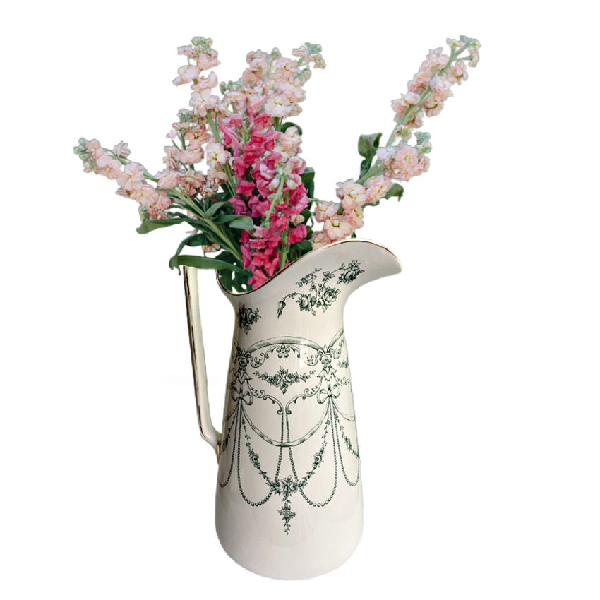 Side profile of Empire Rose Staffordshire Ironstone pitcher in teal green, showcasing vibrant real pink flowers, English 19th-century tableware.