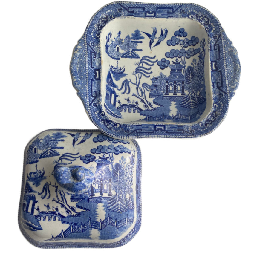 Antique English Blue Willow Transfer Ware Lidded Serving Dish