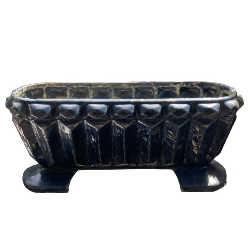 Antique French Art Deco Enameled Jardinière, Cast Iron Planter, Ink Blue grey color enamel