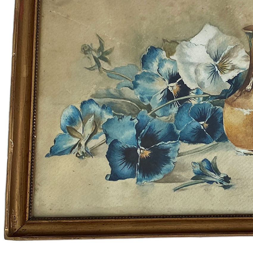 antique french watercolor, art deco still life, blue pansies painting, antique floral art, french art deco painting, original antique frame, antique wall art, french interior decor, watercolor still life, romantic french art