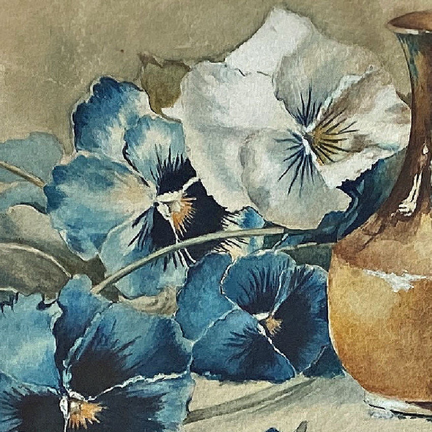 Antique French watercolor dated 1921, featuring a poetic bouquet of blue and white pansies, beautifully painted and presented in its original restored gilt frame.