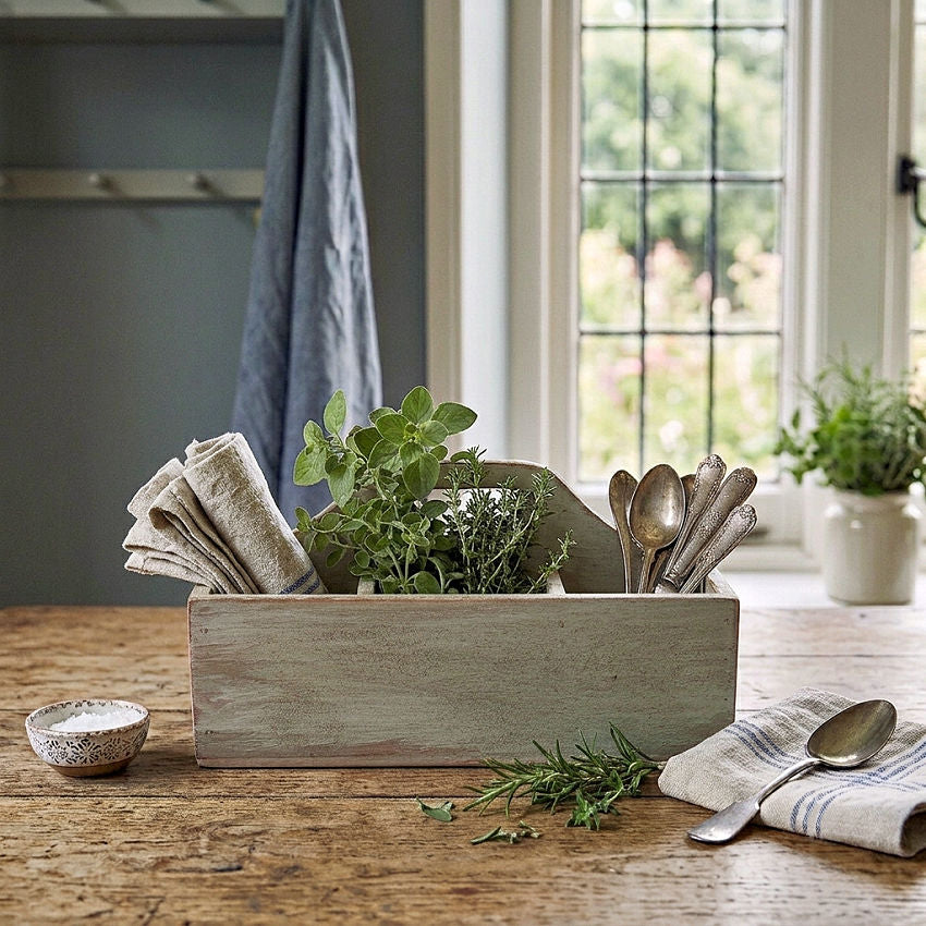 Styled French Provençal kitchen scene featuring antique work box holding silver, linen napkins, and herbs