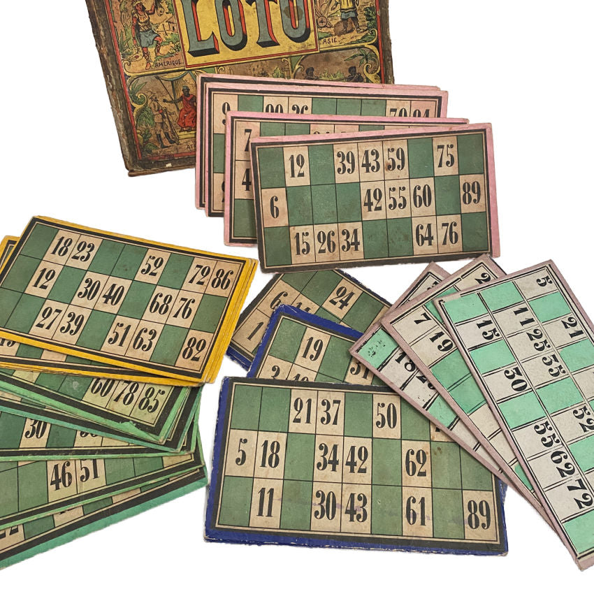 Antique French Loto Game Cards in Shabby Box