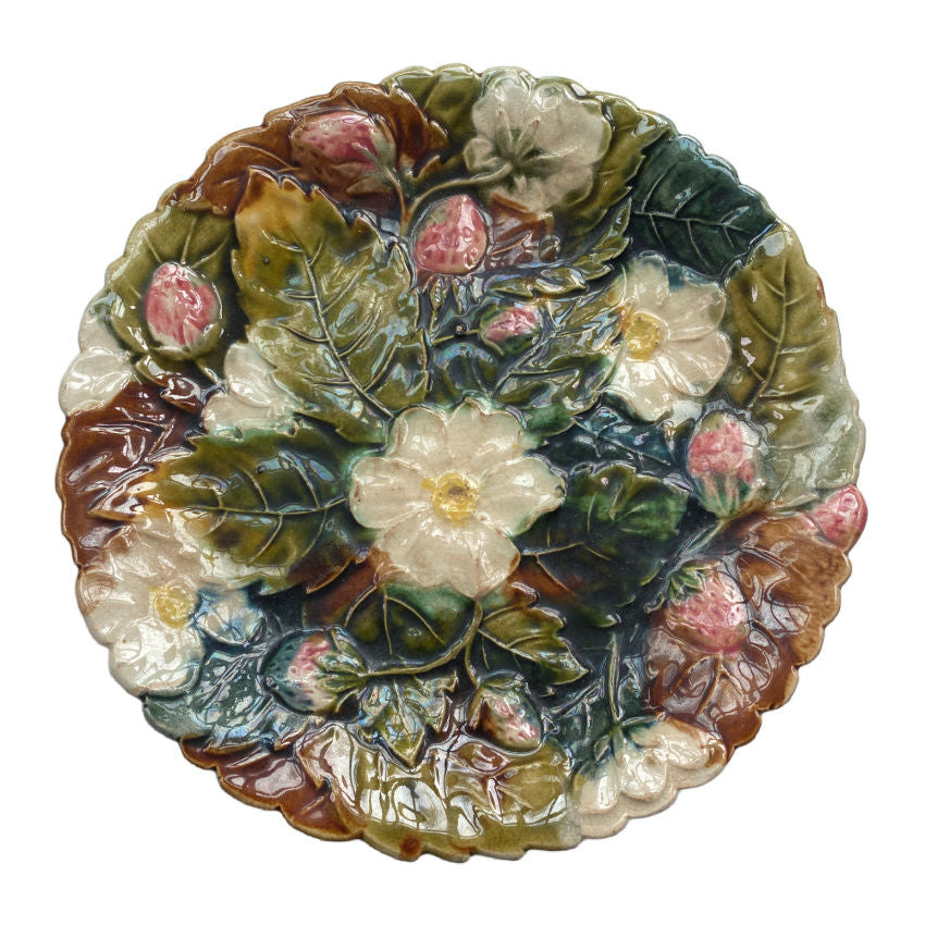 Antique Barbotine French plate of majolica strawberries and leaves