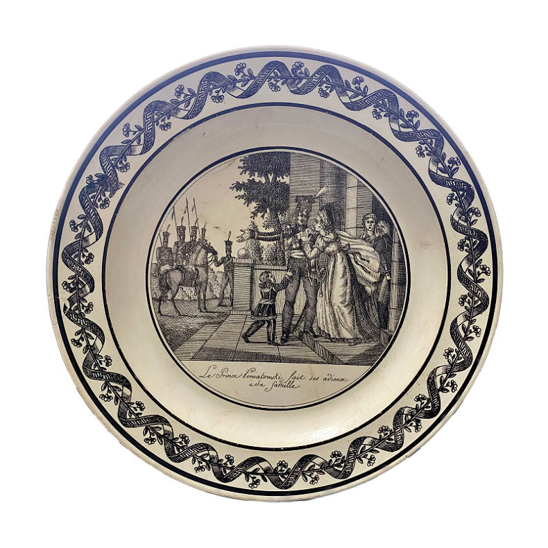 19th Century French Faience porcelain plate featuring a historical military figure, Prince Joseph Poniatowski, with a floral border.