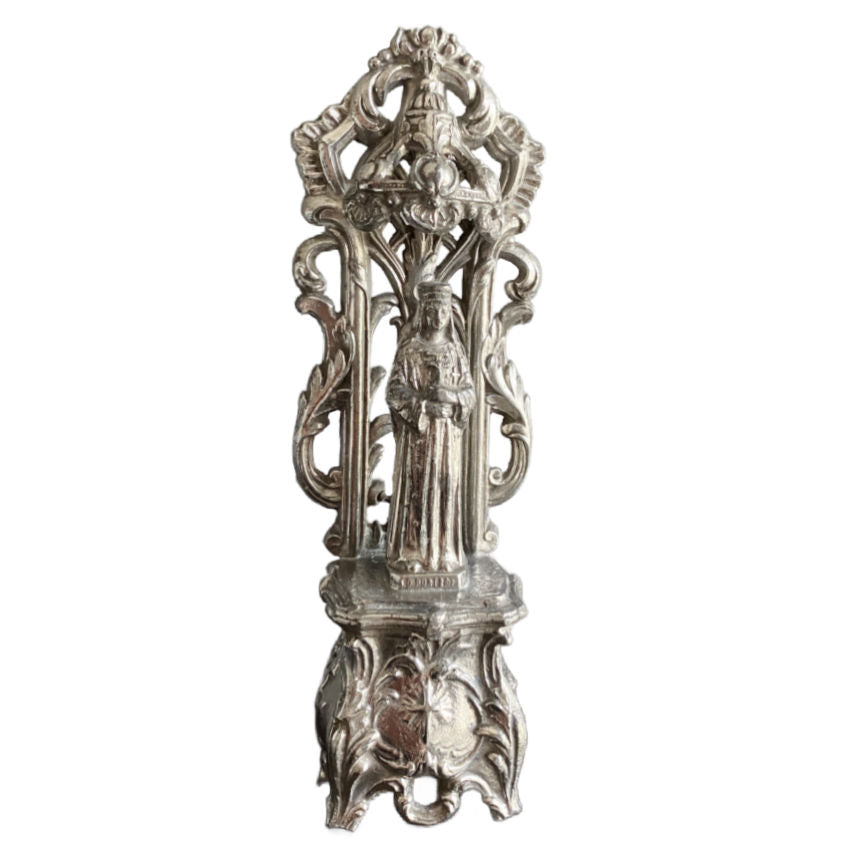 Antique French Our Lady of Pontmain silvered metal figurine on ornate pedestal