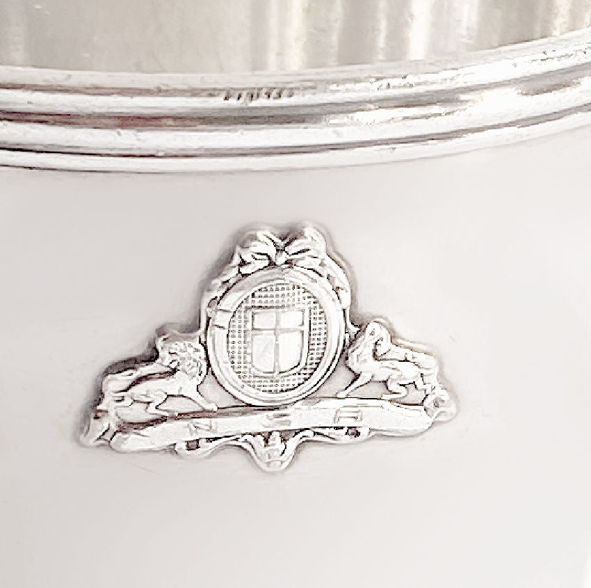 Antique Hotel Silver Double-Handled Small Bowl with Heraldic Detail for railroad or hotel