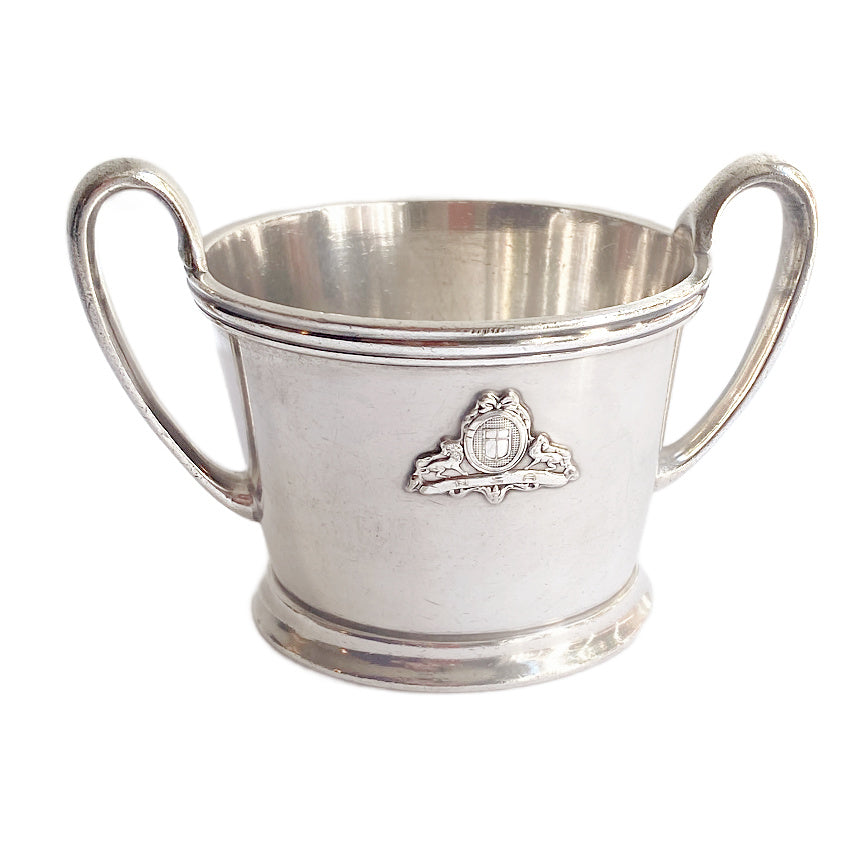 Antique Hotel Silver Double-Handled Small Bowl with Heraldic Detail