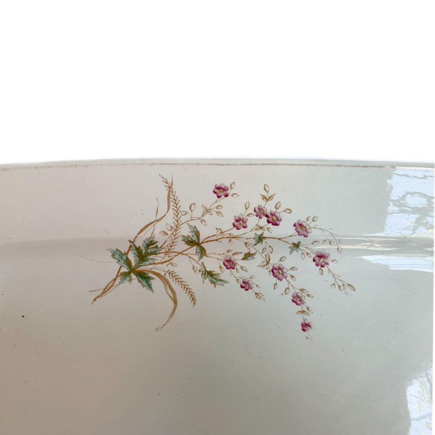 Antique English ironstone, Victorian platter, Anthony Shaw & Son, pink floral ironstone, wheat motif, Burslem ceramics, “Opaque Stone China,” luxury tabletop, decorative serving platter, collectible English tableware