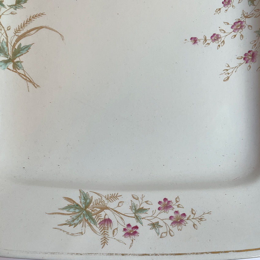 Elegant antique English Staffordshire ironstone platter, made in the 1880's, with delicate pink flowers & wheat stalks. Large “Opaque Stone China” collectible for display.