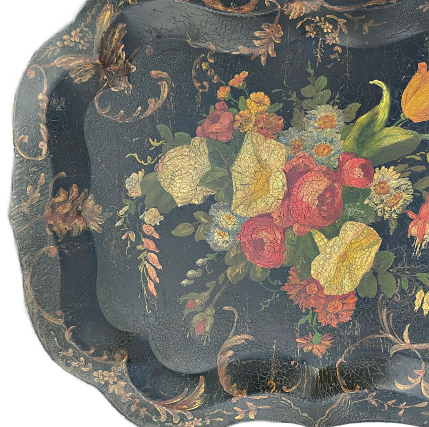 Antique Large Hand Painted Floral Tole Tray Statement Piece