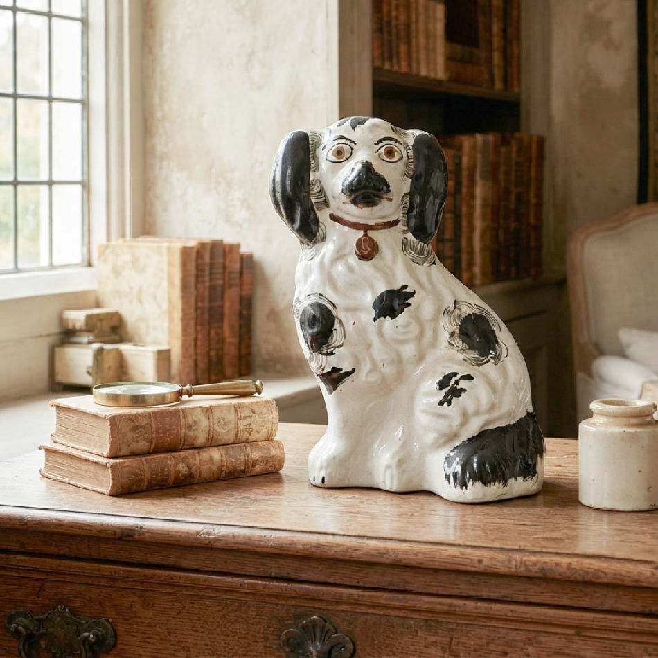 Antique black and white English Staffordshire style spaniel displayed in an elegant European country house interior