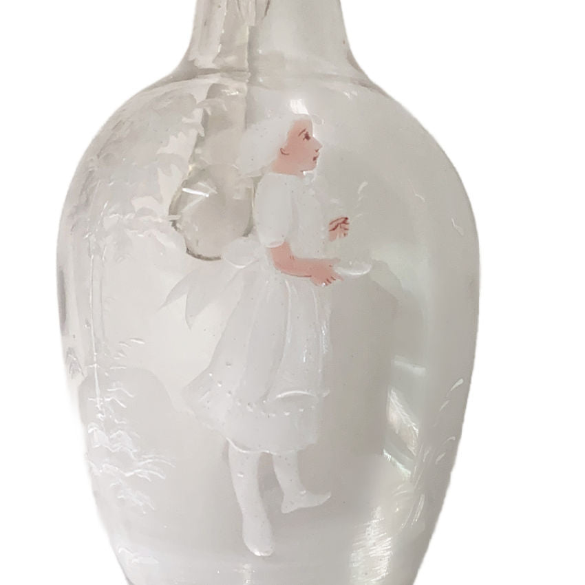 Antique Mary Gregory decanter, hand-painted white enamel girl, mouth-blown with applied handle & stopper – rare collectible art glass, 11¼" tall-close up