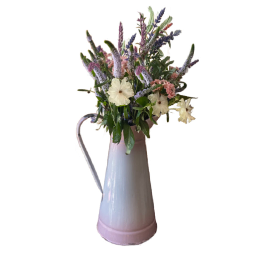 french antique enamel pitcher large size with beautiful timeworn patina ideal for floral arrangements or watering plants