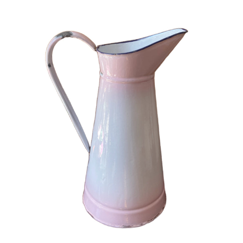 antique french pink enamelware pitcher with soft ombre fade to white large 19th century water vessel