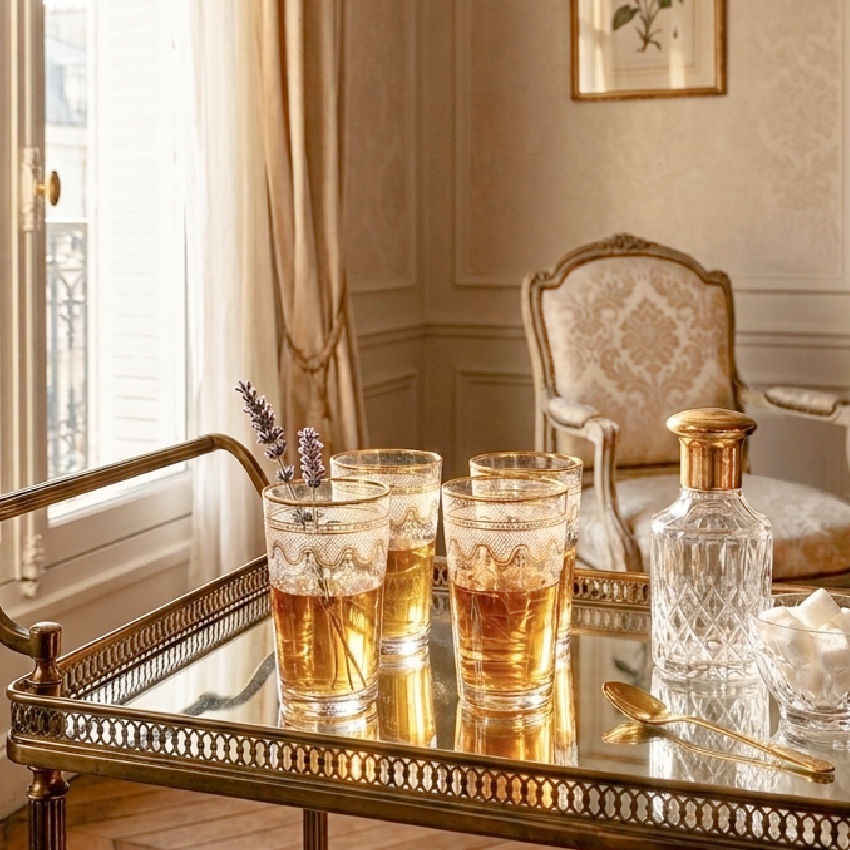 French gilt crystal glasses Louis XVI revival small elegant form on gold bar cart