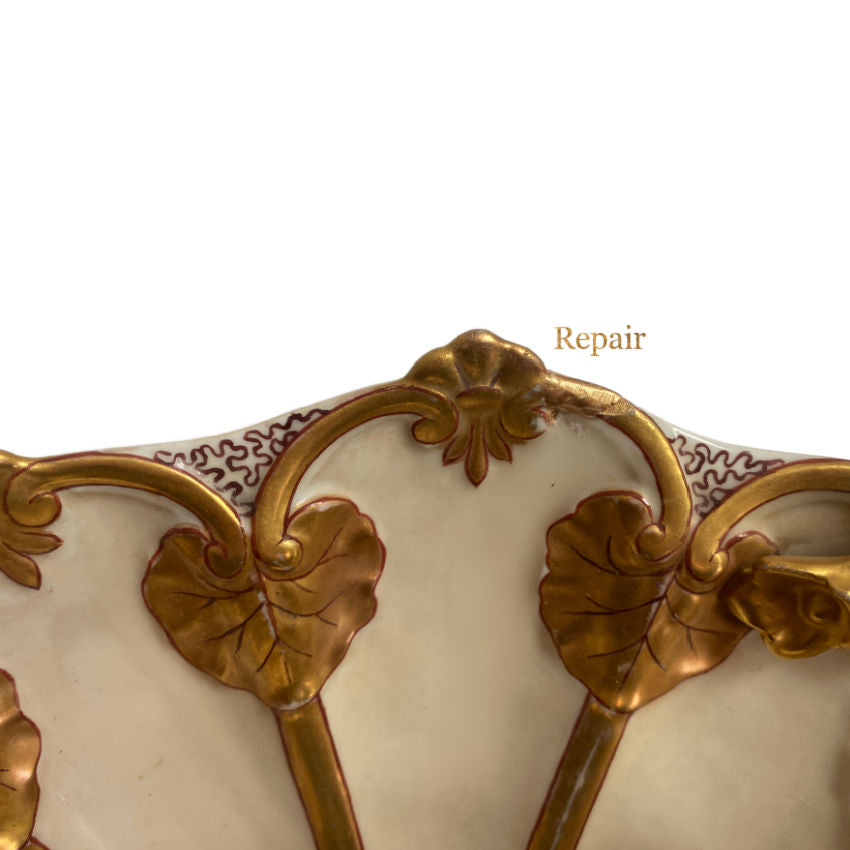 Antique Signed Hand-Painted Limoges Porcelain Cherub Bowl by Jean Pouyat Limoges with Gilt Lily Pad Handles