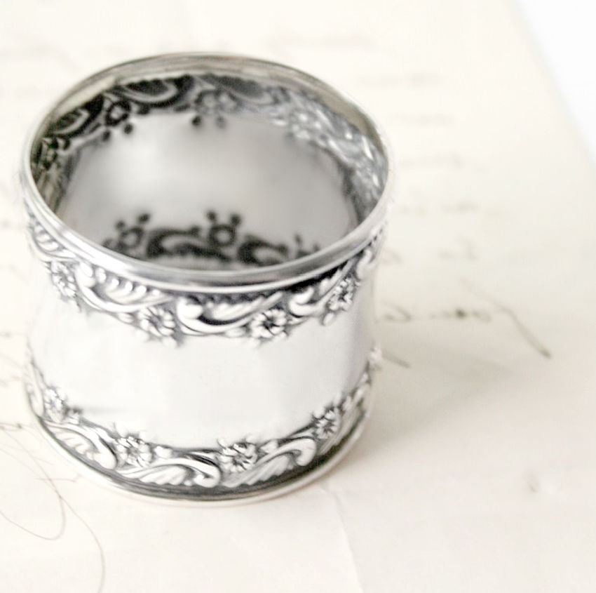 Antique Sterling Repousse Floral Napkin Ring Monogram J C H