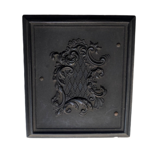 Antique Union case with elegant scrolled pattern, signed James & Co, featuring a single 19th-century woman portrait inside. Collectible photographic case.