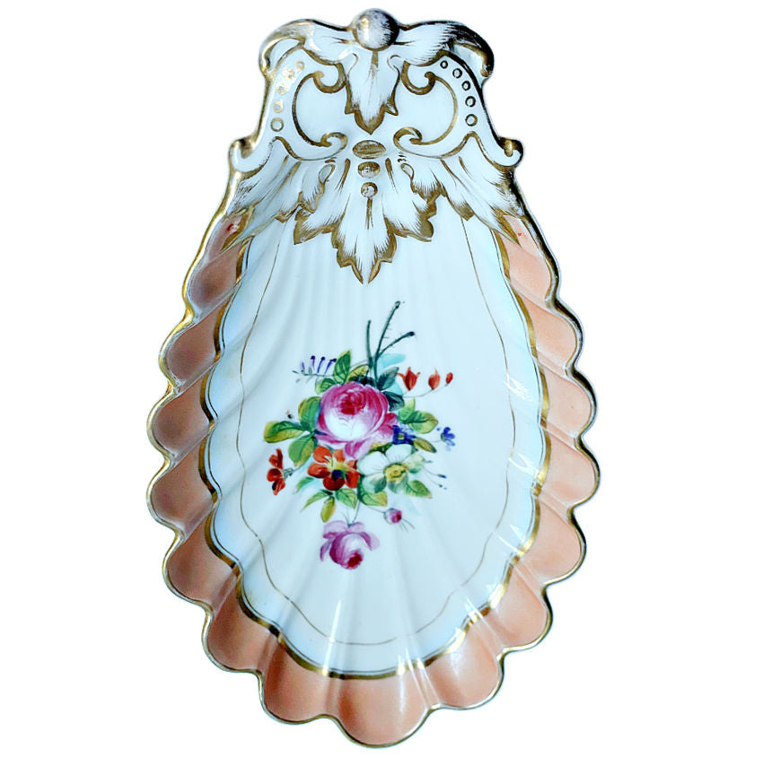 Antique Vieux Paris Hand-Painted Shell Relish Dish – Rose Bouquet & Gilt