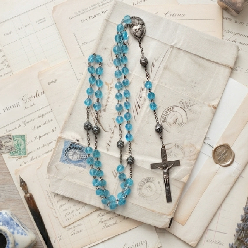 Antique Aquamarine Glass Rosary with Silver Filigree