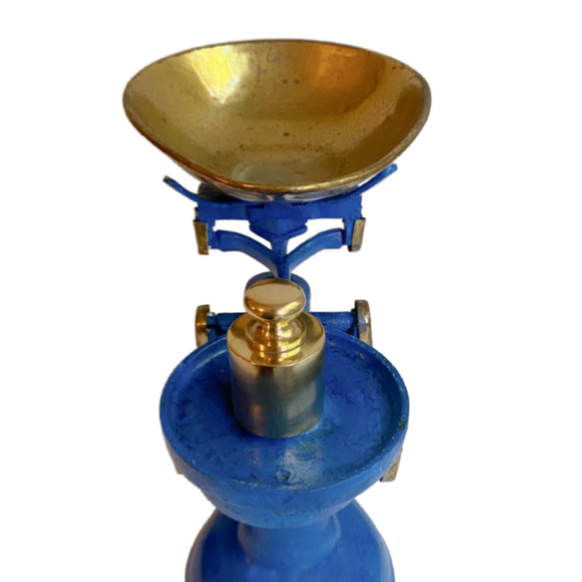 side view antique shop scale blue base brass weight detail