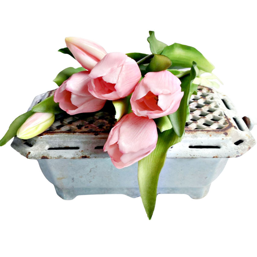 A rare 19th-century French enamelware warmer in faded robin’s egg blue. Cast iron, romantic and functional, perfect as a foot warmer, table dish warmer, or decorative accent with pink tulips