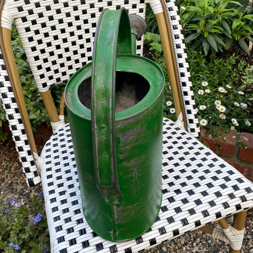 Antique French green painted watering can with patina And showing handle