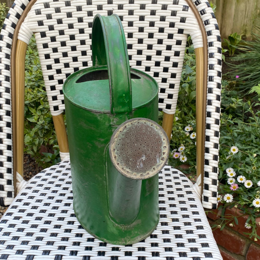 Antique French green painted watering can with patina And copper watering spout